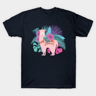 Pink Alpaca with exotic leaves and flowers T-Shirt